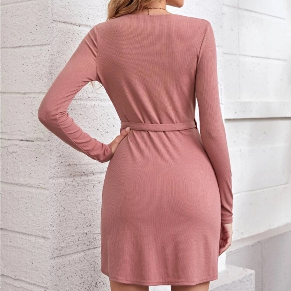 Tie front wrap dress pink longsleeve - Picture 3 of 3
